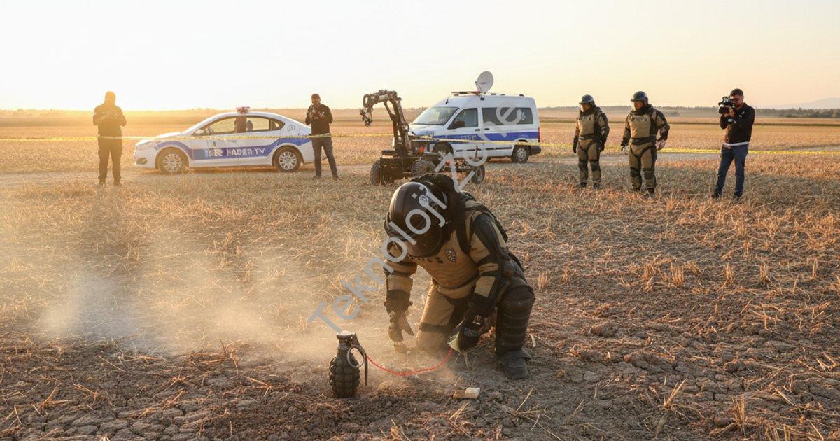 "Tire’de tarlada bulunan el bombası uzman ekipçe imha edildi" başlıklı haber için fotorealistik, pro